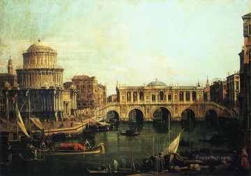 Venecia clásica Painting - Capriccio del gran canal con un puente de Rialto imaginario y otros edificios Canaletto Venecia